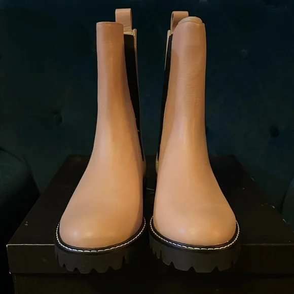 NIB J. Crew Jaden High Shaft Chelsea Lug Sole Tan and Black Heeled Boots